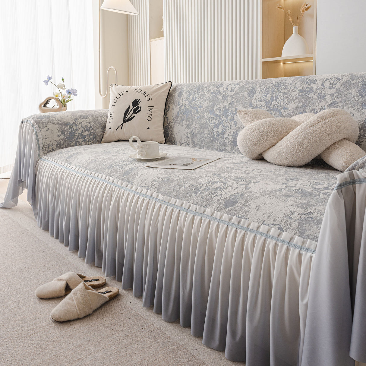 French Chic Style Ruffle Rose Cover Throw for Sofas, Decorative Sectional Covers