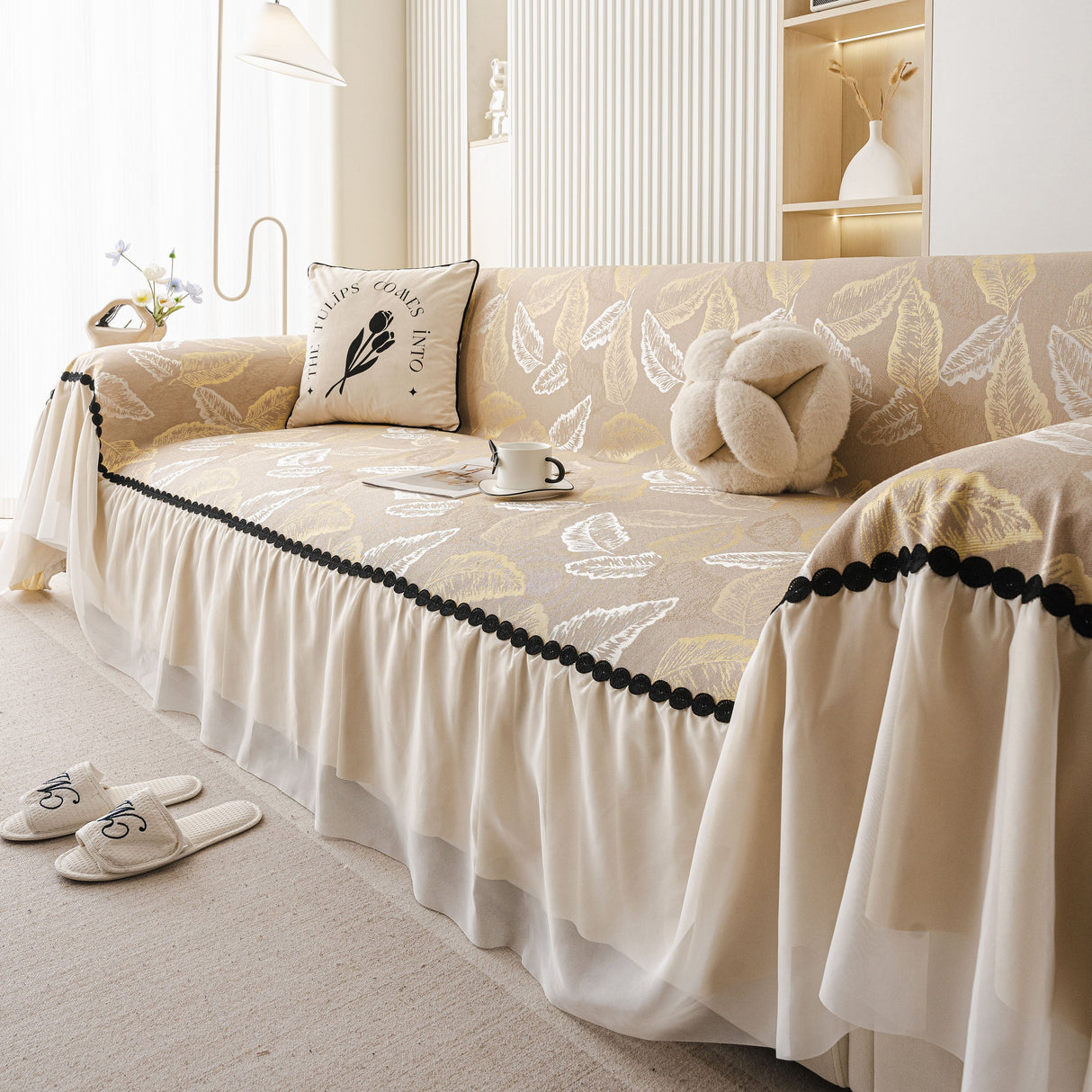 Leaf Jacquard Sofa Cover with Ruffle Skirt – Non-Slip Couch Protector with Sheer Hem