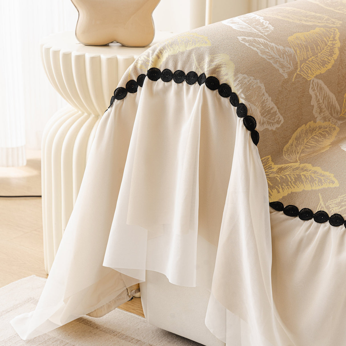 Leaf Jacquard Sofa Cover with Ruffle Skirt – Non-Slip Couch Protector with Sheer Hem