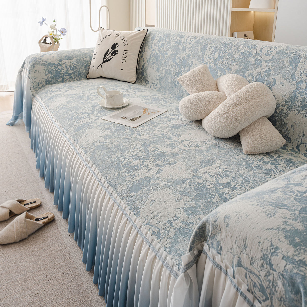 French Chic Style Ruffle Rose Cover Throw for Sofas, Decorative Sectional Covers