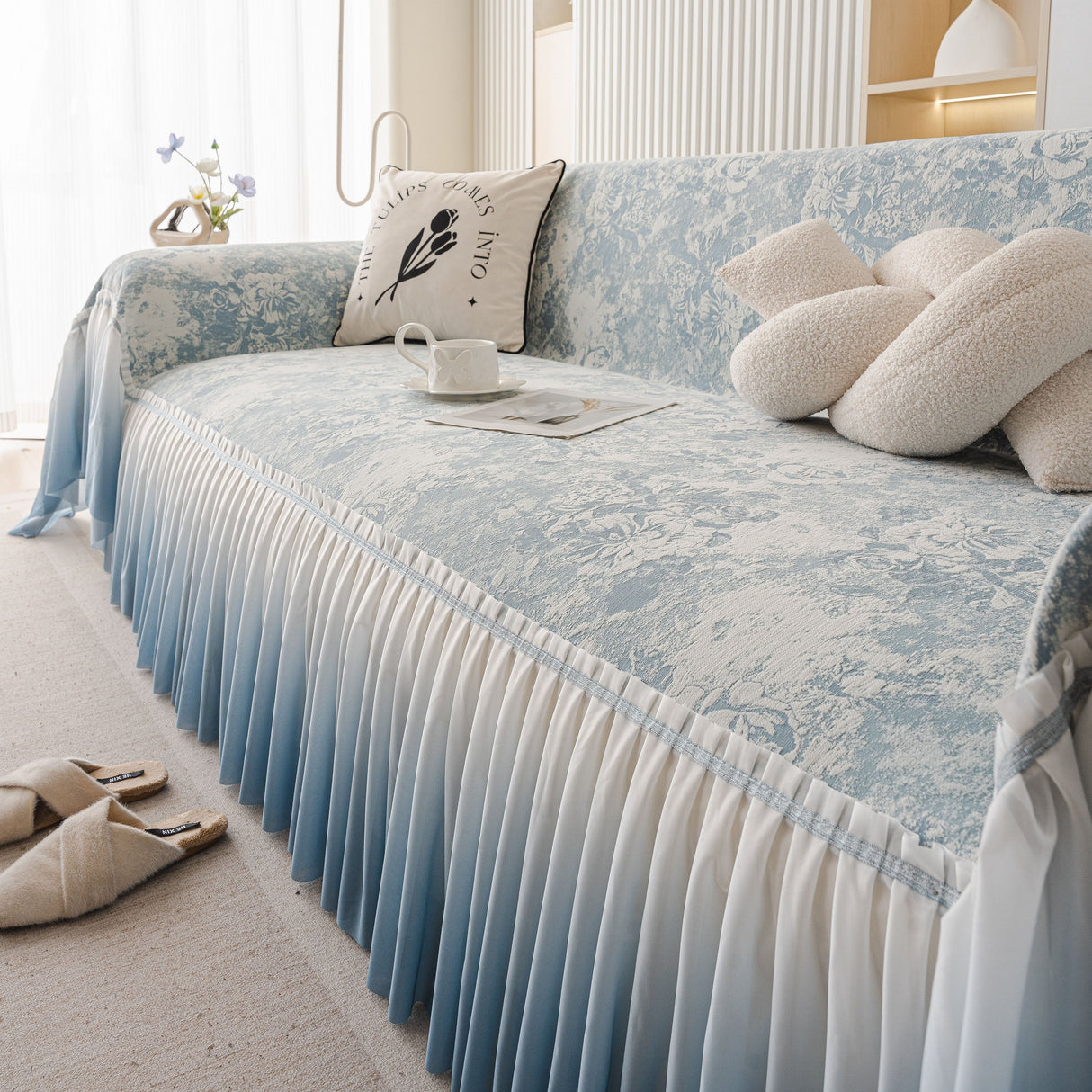 French Chic Style Ruffle Rose Cover Throw for Sofas, Decorative Sectional Covers