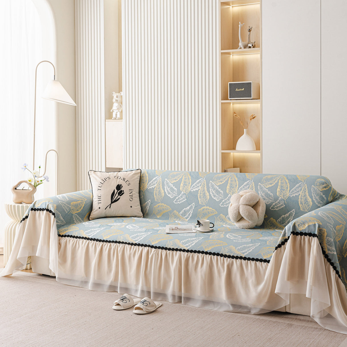 Leaf Jacquard Sofa Cover with Ruffle Skirt – Non-Slip Couch Protector with Sheer Hem