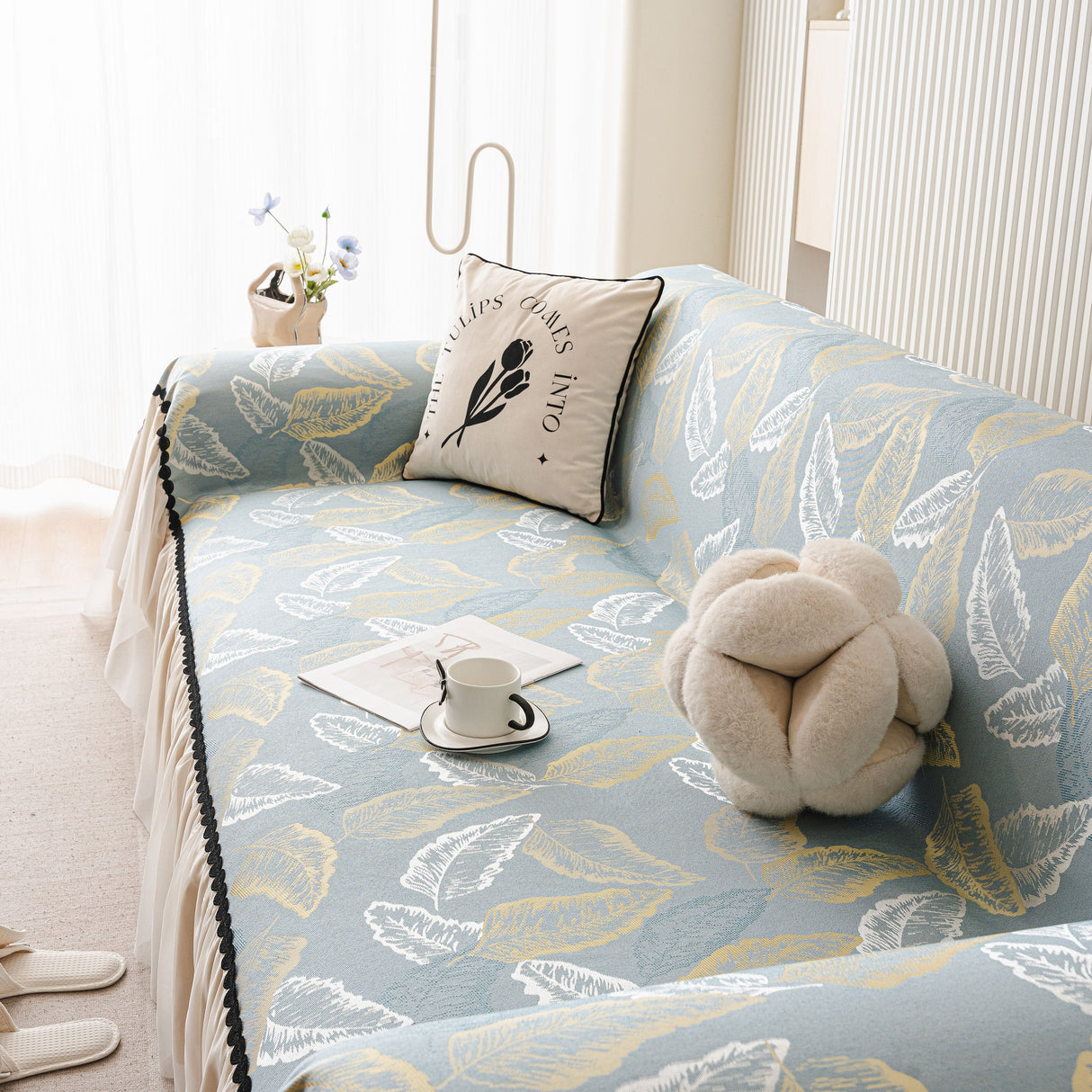 Leaf Jacquard Sofa Cover with Ruffle Skirt – Non-Slip Couch Protector with Sheer Hem