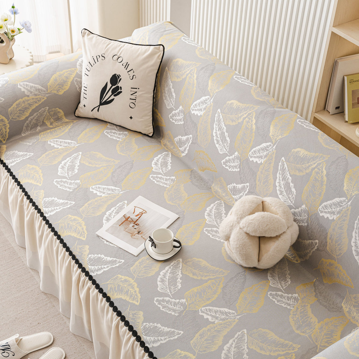 Leaf Jacquard Sofa Cover with Ruffle Skirt – Non-Slip Couch Protector with Sheer Hem