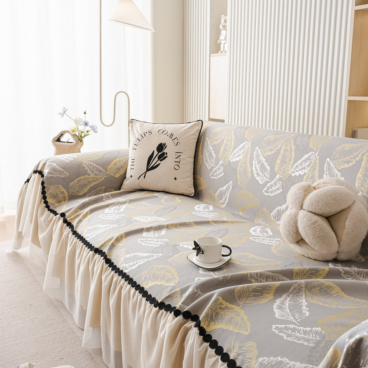 Leaf Jacquard Sofa Cover with Ruffle Skirt – Non-Slip Couch Protector with Sheer Hem