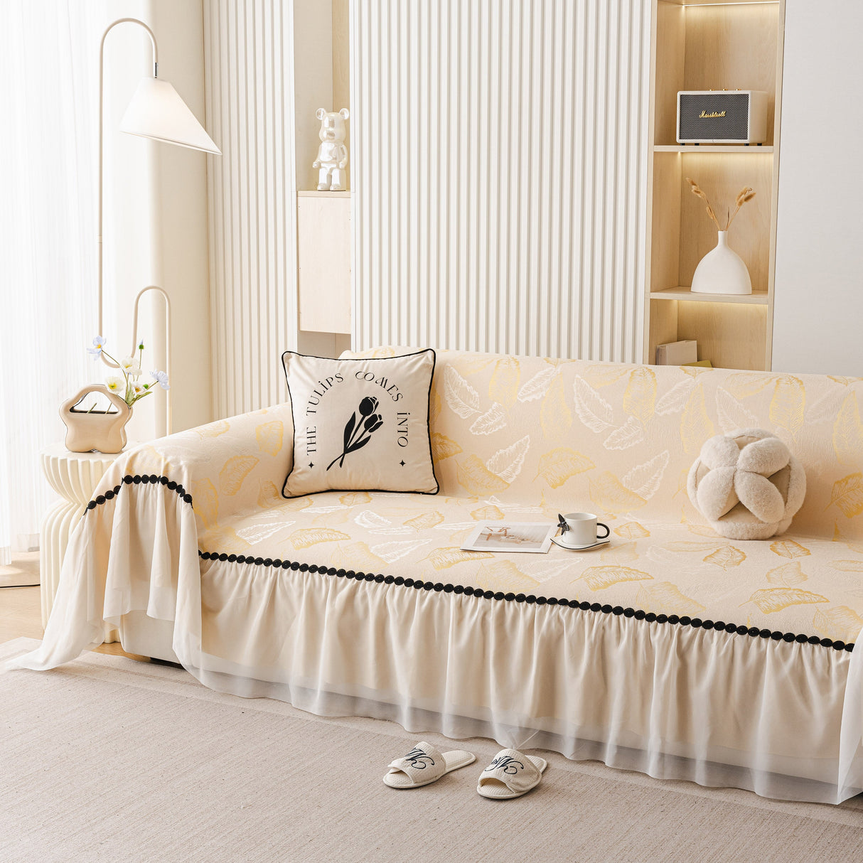 Leaf Jacquard Sofa Cover with Ruffle Skirt – Non-Slip Couch Protector with Sheer Hem