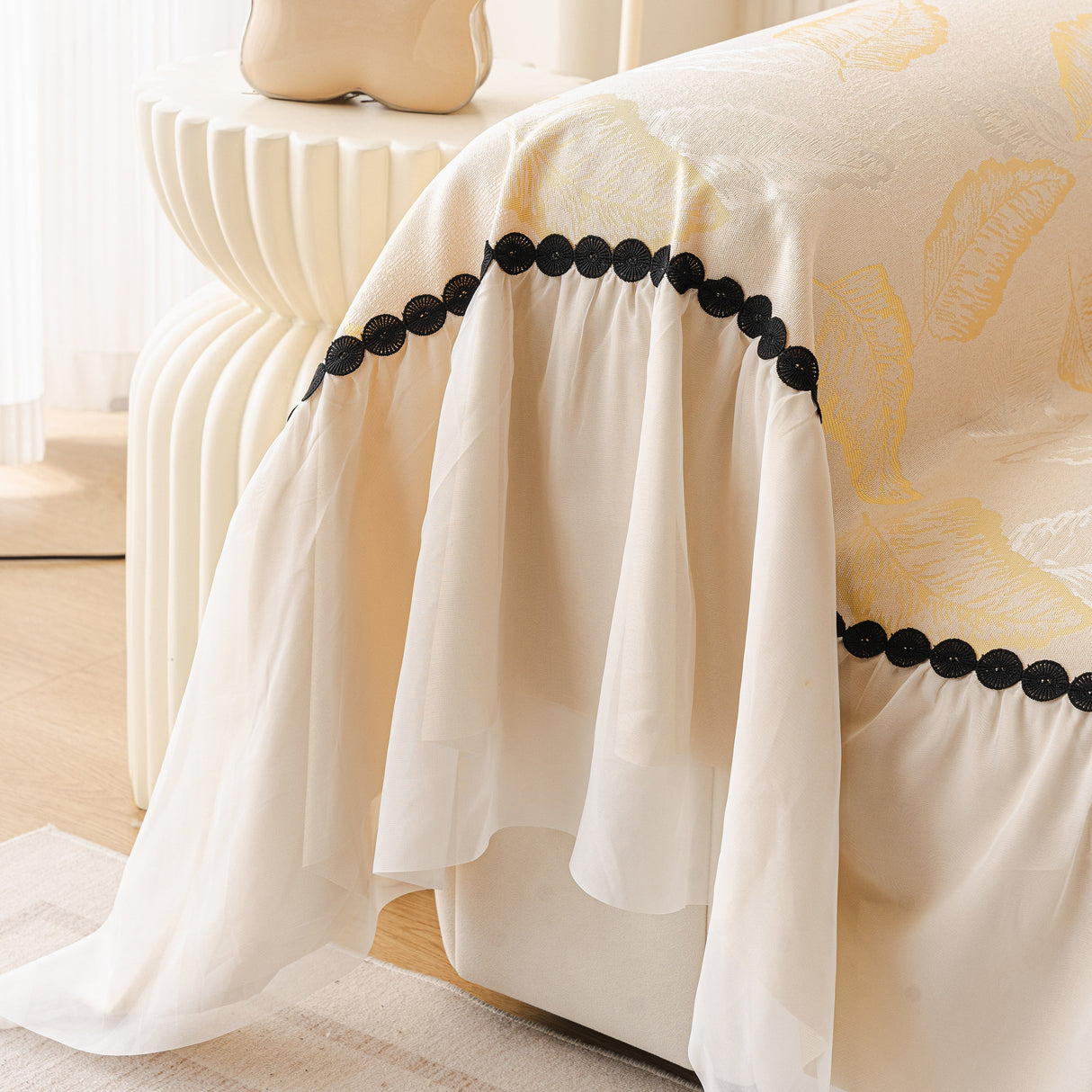Leaf Jacquard Sofa Cover with Ruffle Skirt – Non-Slip Couch Protector with Sheer Hem