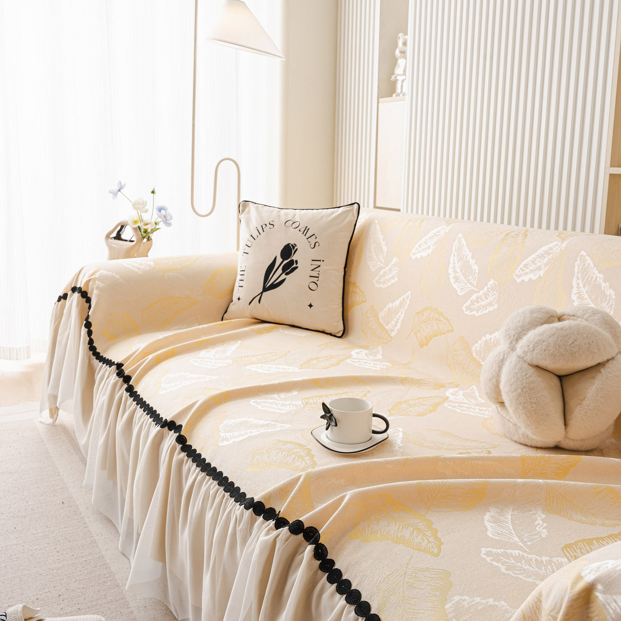 Leaf Jacquard Sofa Cover with Ruffle Skirt – Non-Slip Couch Protector with Sheer Hem