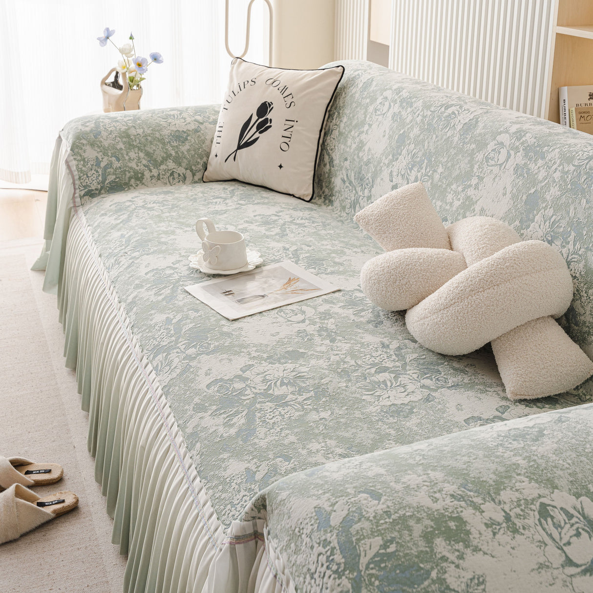 French Chic Style Ruffle Rose Cover Throw for Sofas, Decorative Sectional Covers