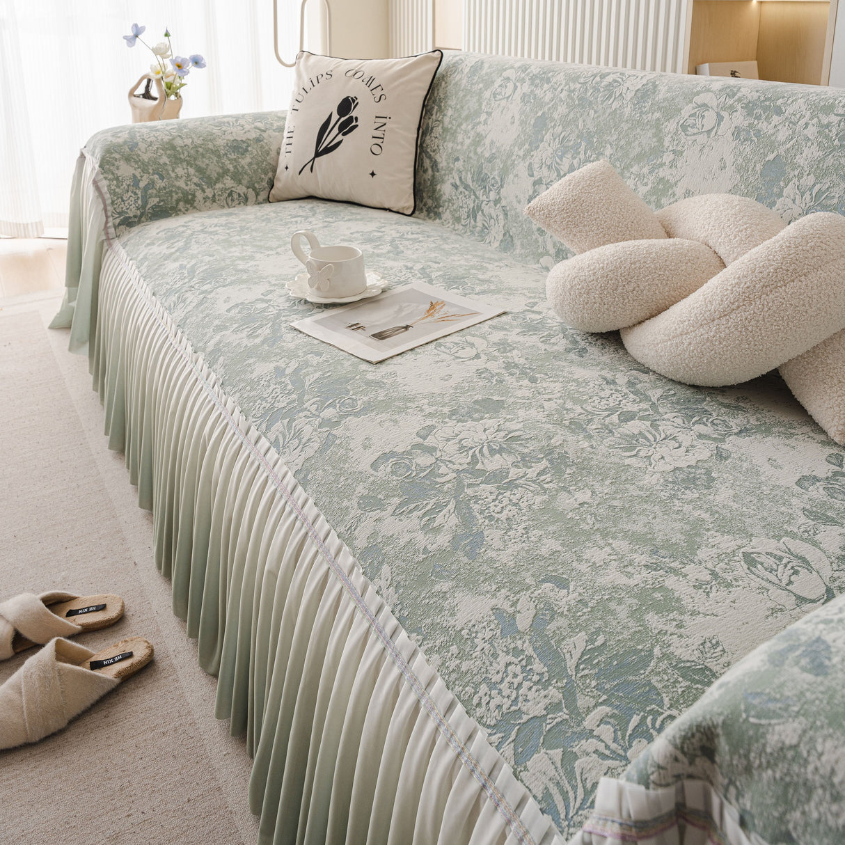 French Chic Style Ruffle Rose Cover Throw for Sofas, Decorative Sectional Covers