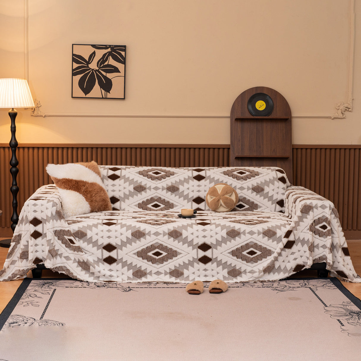Bohemian Tufted Sofa Cover, Soft Sherpa Fleece Throw Blanket with 3D Aztec Geometric