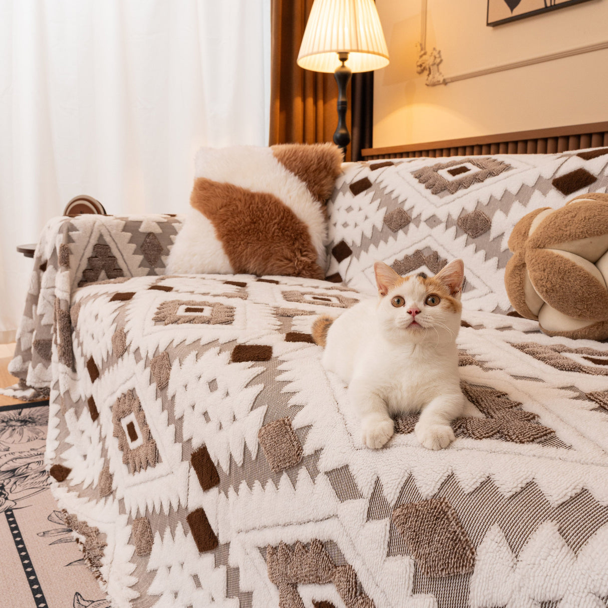 Bohemian Tufted Sofa Cover, Soft Sherpa Fleece Throw Blanket with 3D Aztec Geometric