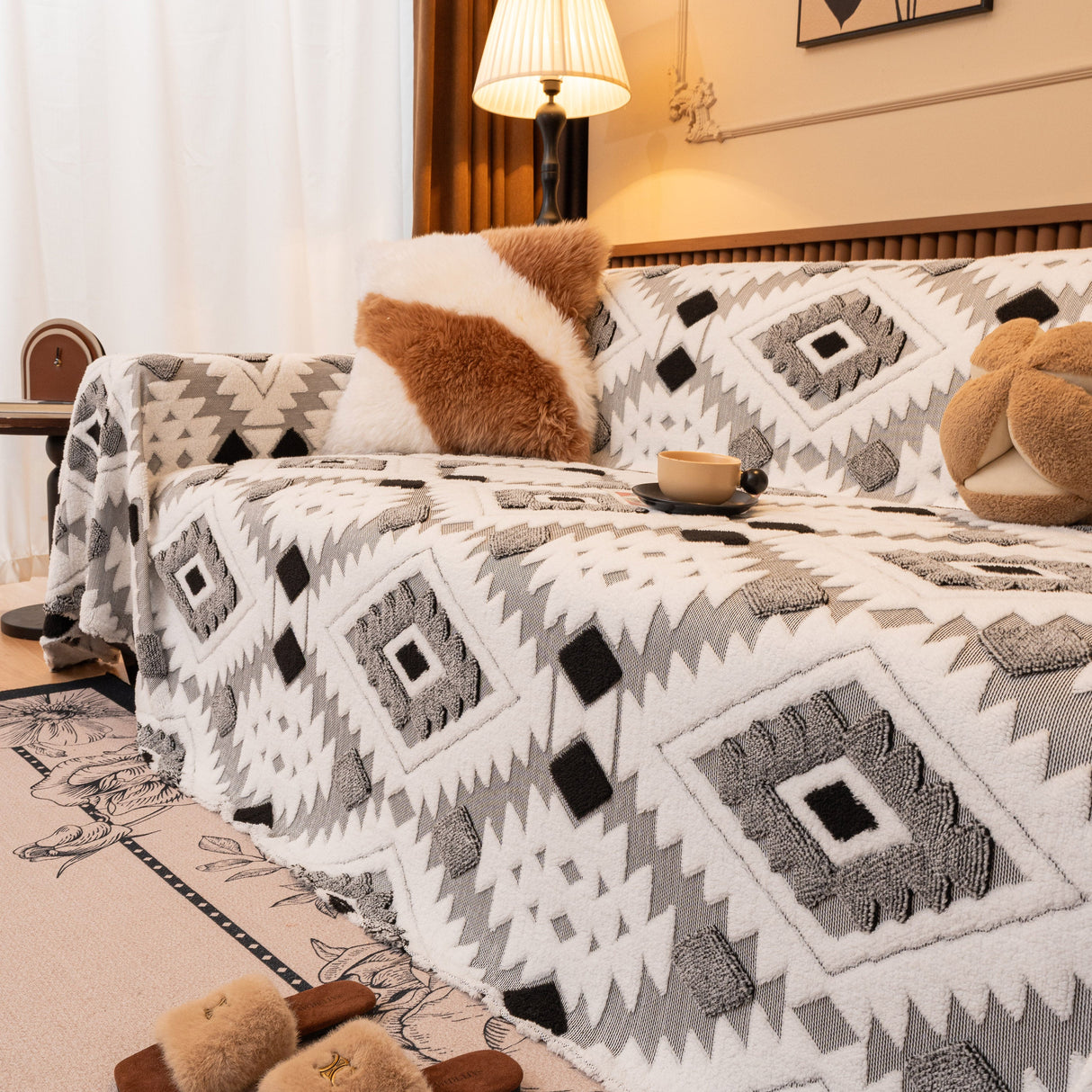 Bohemian Tufted Sofa Cover, Soft Sherpa Fleece Throw Blanket with 3D Aztec Geometric