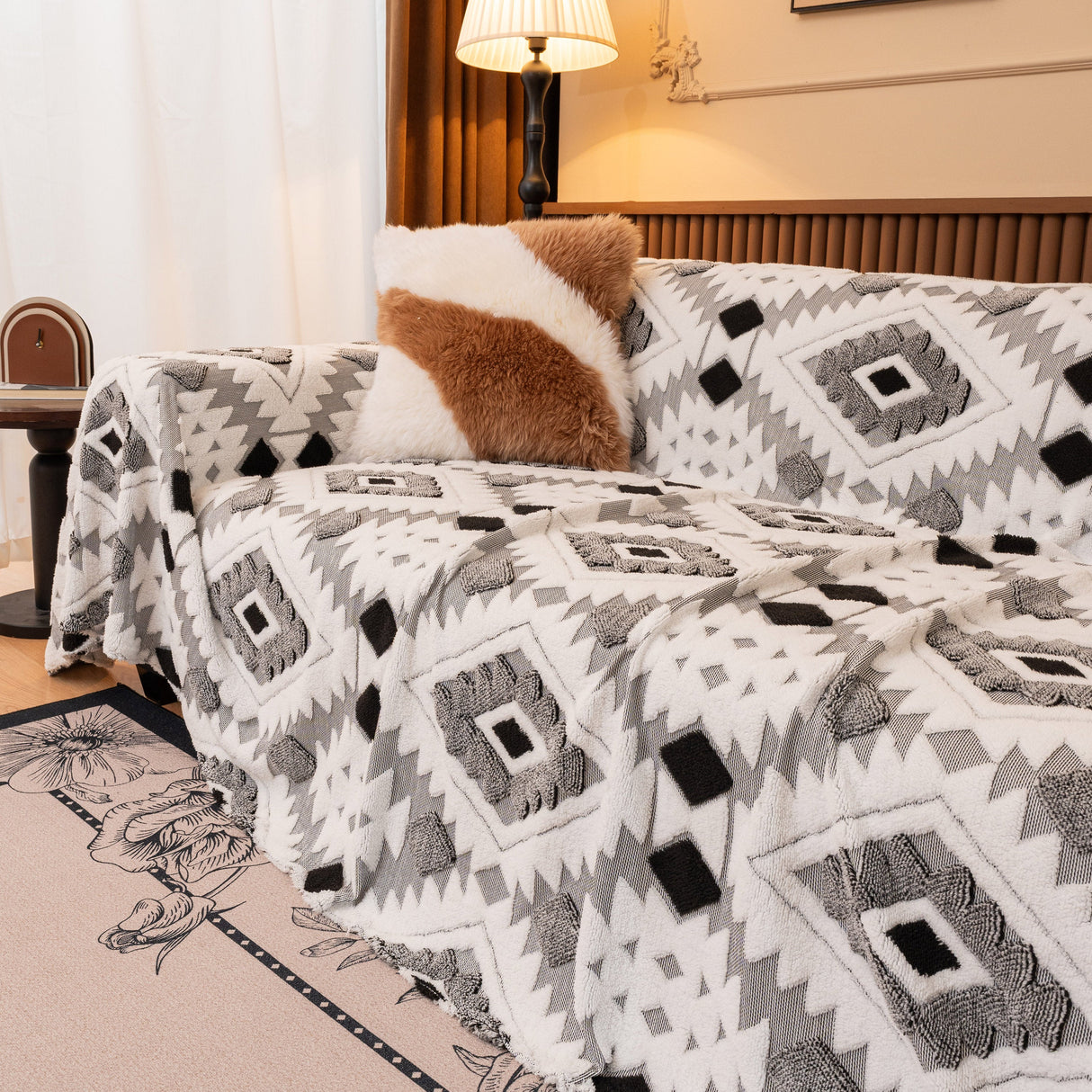 Bohemian Tufted Sofa Cover, Soft Sherpa Fleece Throw Blanket with 3D Aztec Geometric