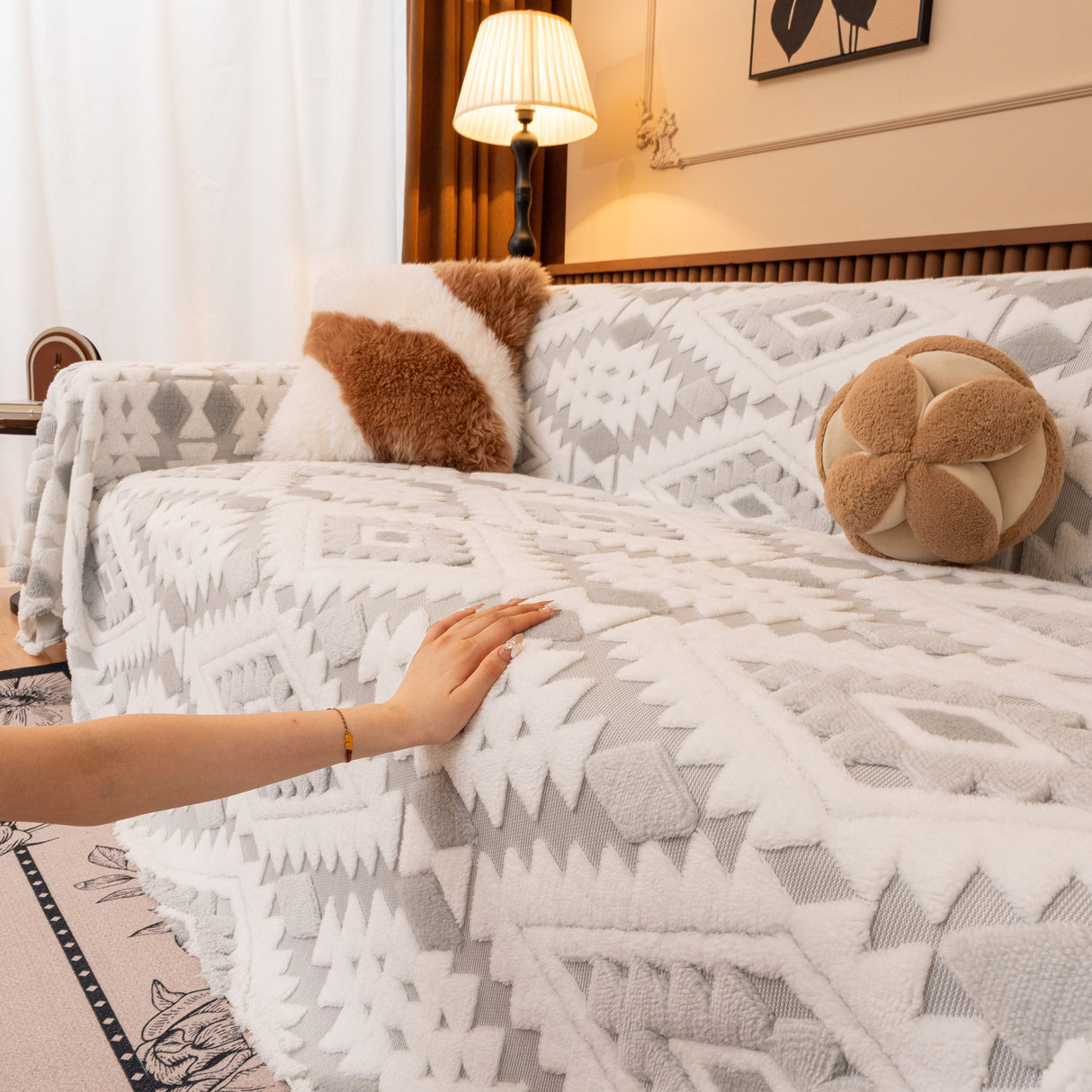 Bohemian Tufted Sofa Cover, Soft Sherpa Fleece Throw Blanket with 3D Aztec Geometric