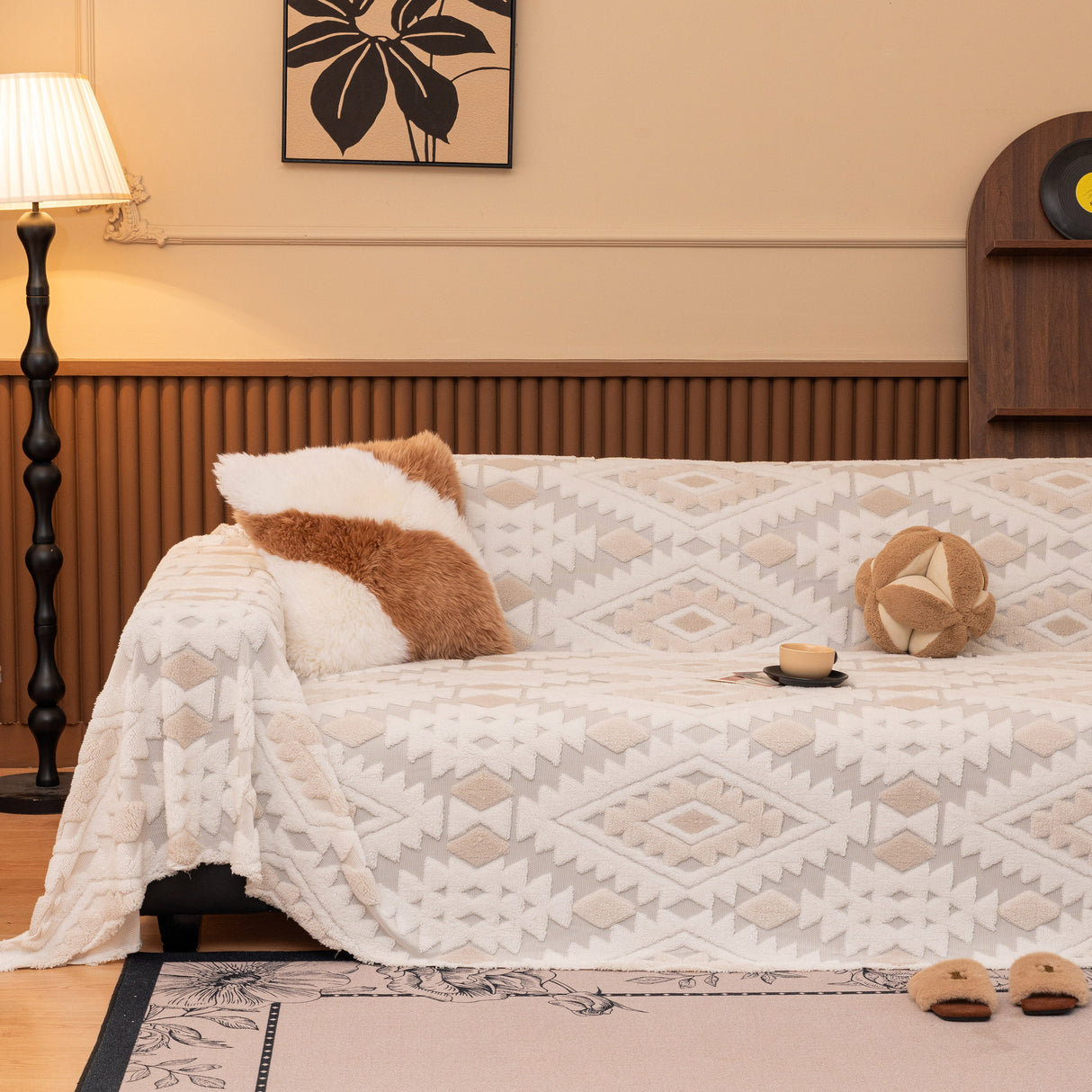 Bohemian Tufted Sofa Cover, Soft Sherpa Fleece Throw Blanket with 3D Aztec Geometric