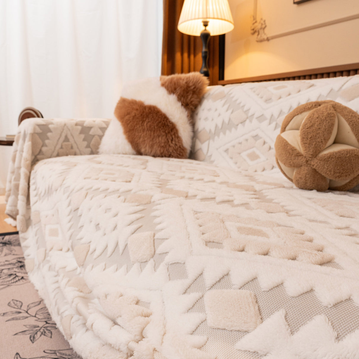 Bohemian Tufted Sofa Cover, Soft Sherpa Fleece Throw Blanket with 3D Aztec Geometric