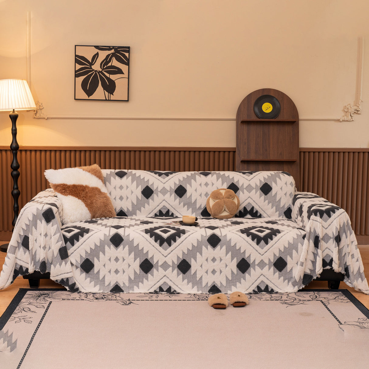 Bohemian Tufted Sofa Cover, Soft Sherpa Fleece Throw Blanket with 3D Aztec Geometric