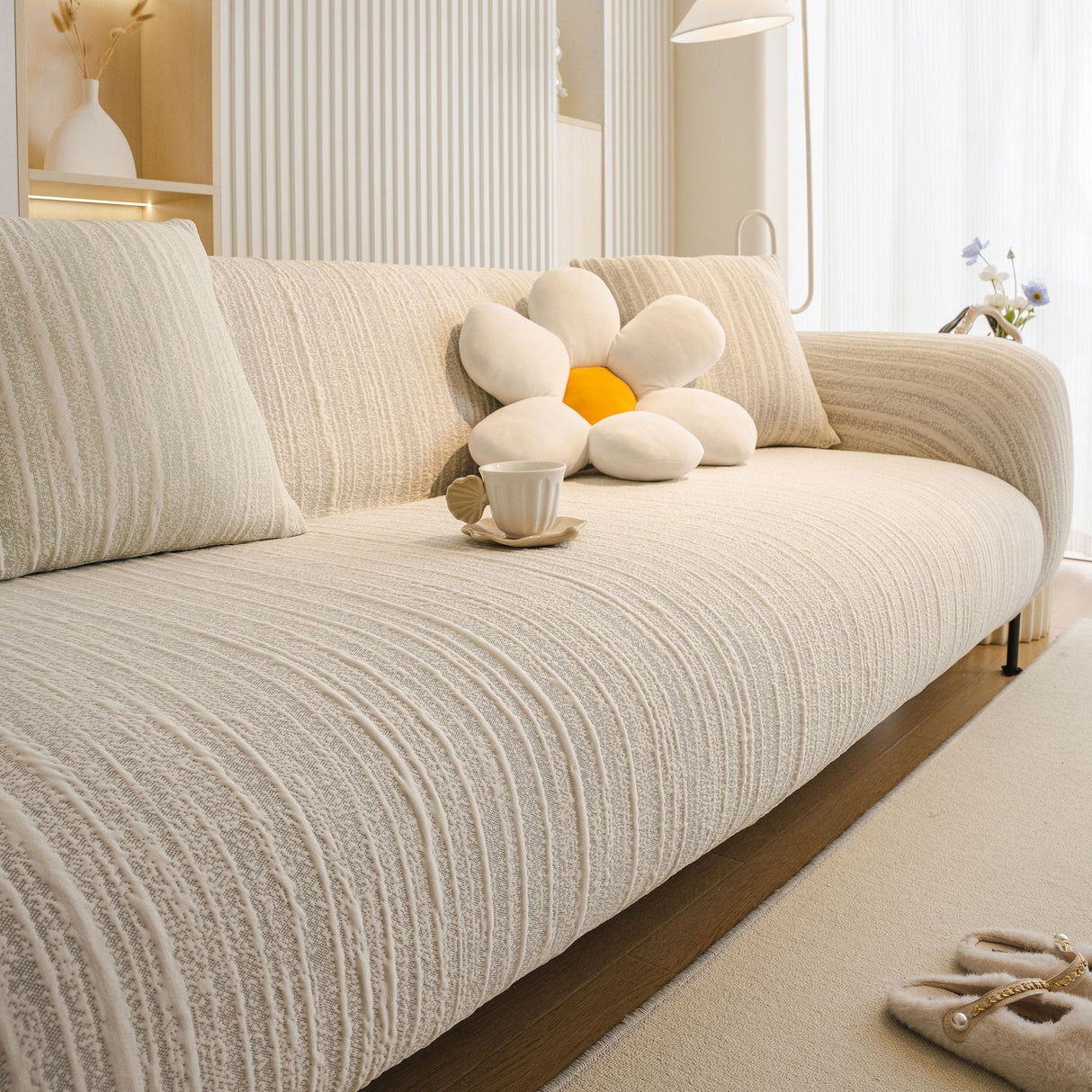 Ribbed Washable Sofa Cover, High Stretch Striped Couch Slipcover with Tie Straps