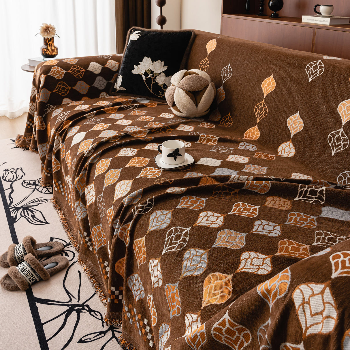 Boho Geometric Sofa Slipcovers Chenille Scratch Resistant Couch Protective Covers