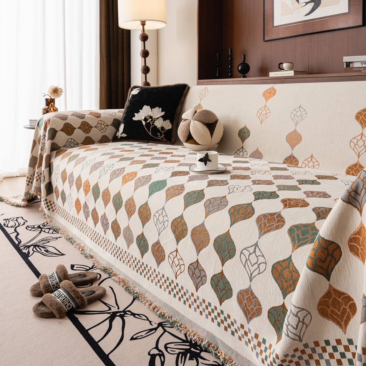 Boho Geometric Sofa Slipcovers Chenille Scratch Resistant Couch Protective Covers