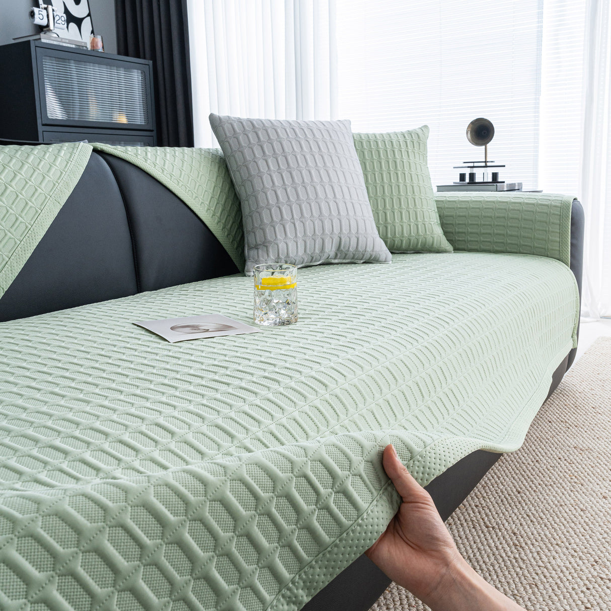 Geometric Textured Couch Slipcover Protector Non-Slip Ice Silk Sofa Cover for Couch