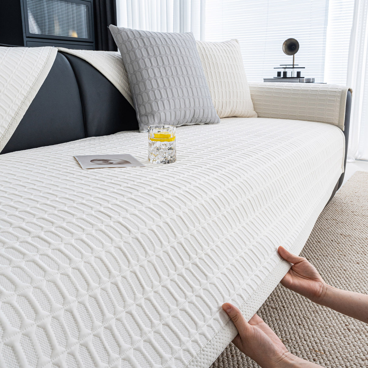 Geometric Textured Couch Slipcover Protector Non-Slip Ice Silk Sofa Cover for Couch