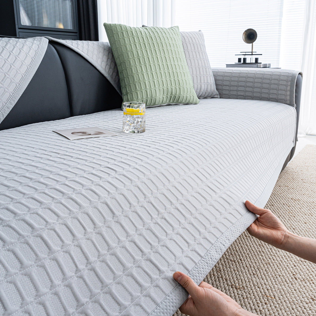 Geometric Textured Couch Slipcover Protector Non-Slip Ice Silk Sofa Cover for Couch