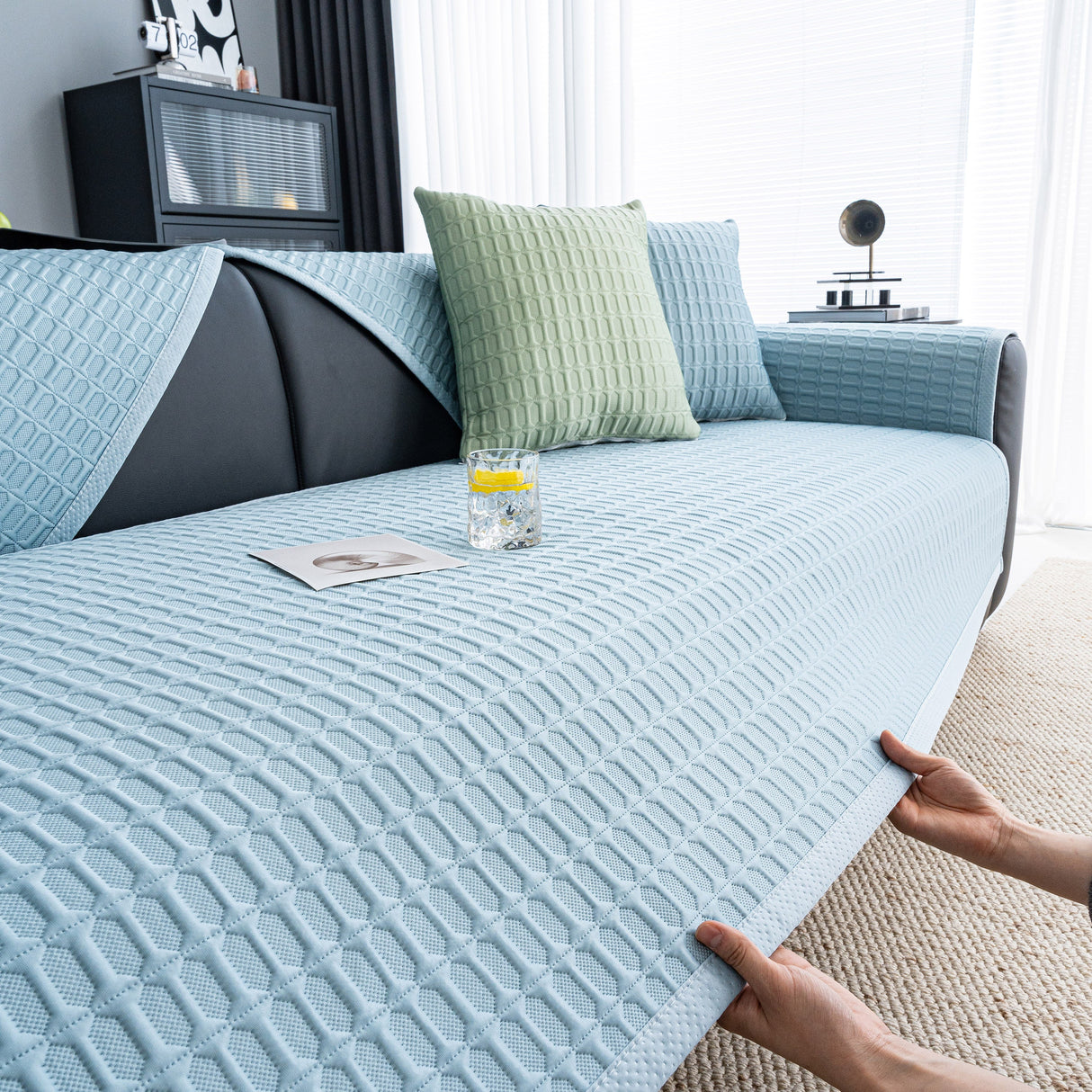 Geometric Textured Couch Slipcover Protector Non-Slip Ice Silk Sofa Cover for Couch