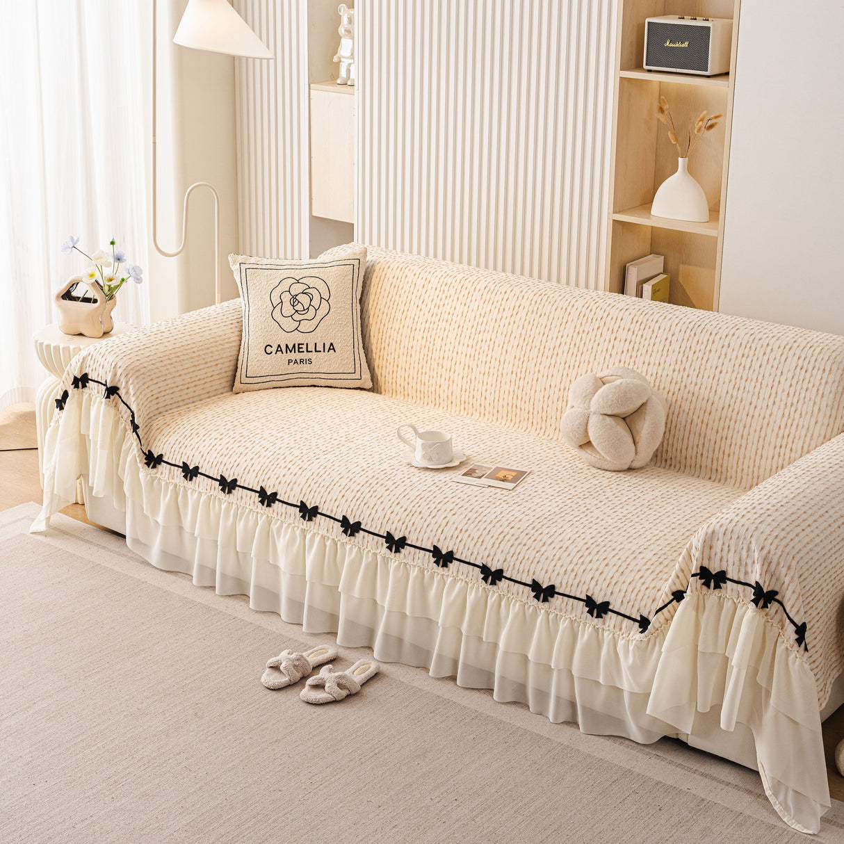 Ruffled Sofa Cover with Bowknot Decor, French Country Style Skirted Couch Slipcover