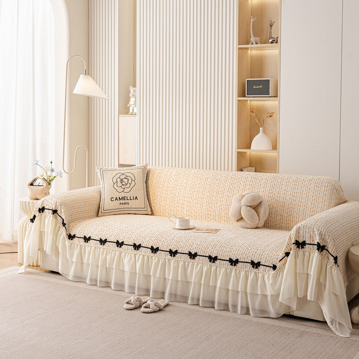 Ruffled Sofa Cover with Bowknot Decor, French Country Style Skirted Couch Slipcover