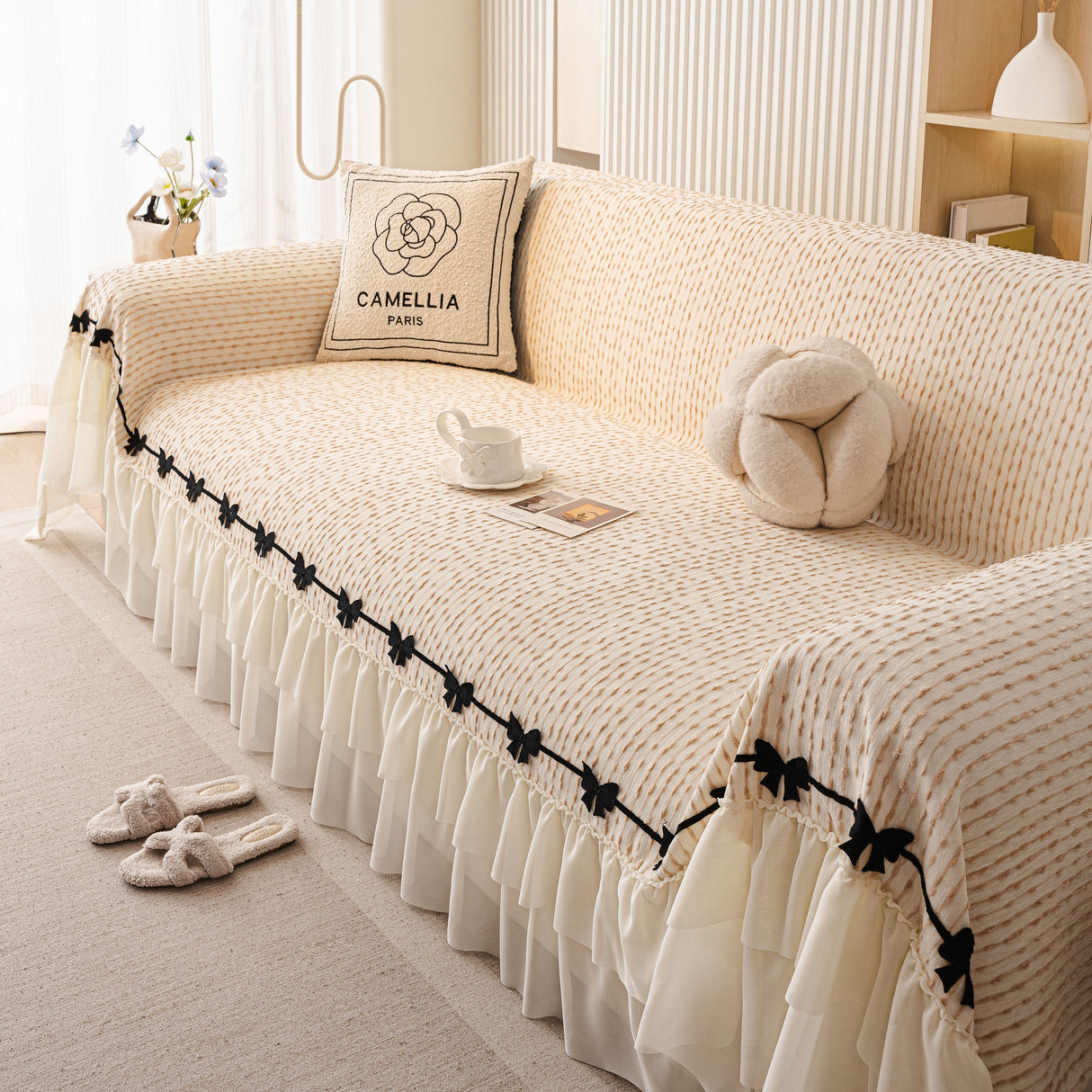 Ruffled Sofa Cover with Bowknot Decor, French Country Style Skirted Couch Slipcover