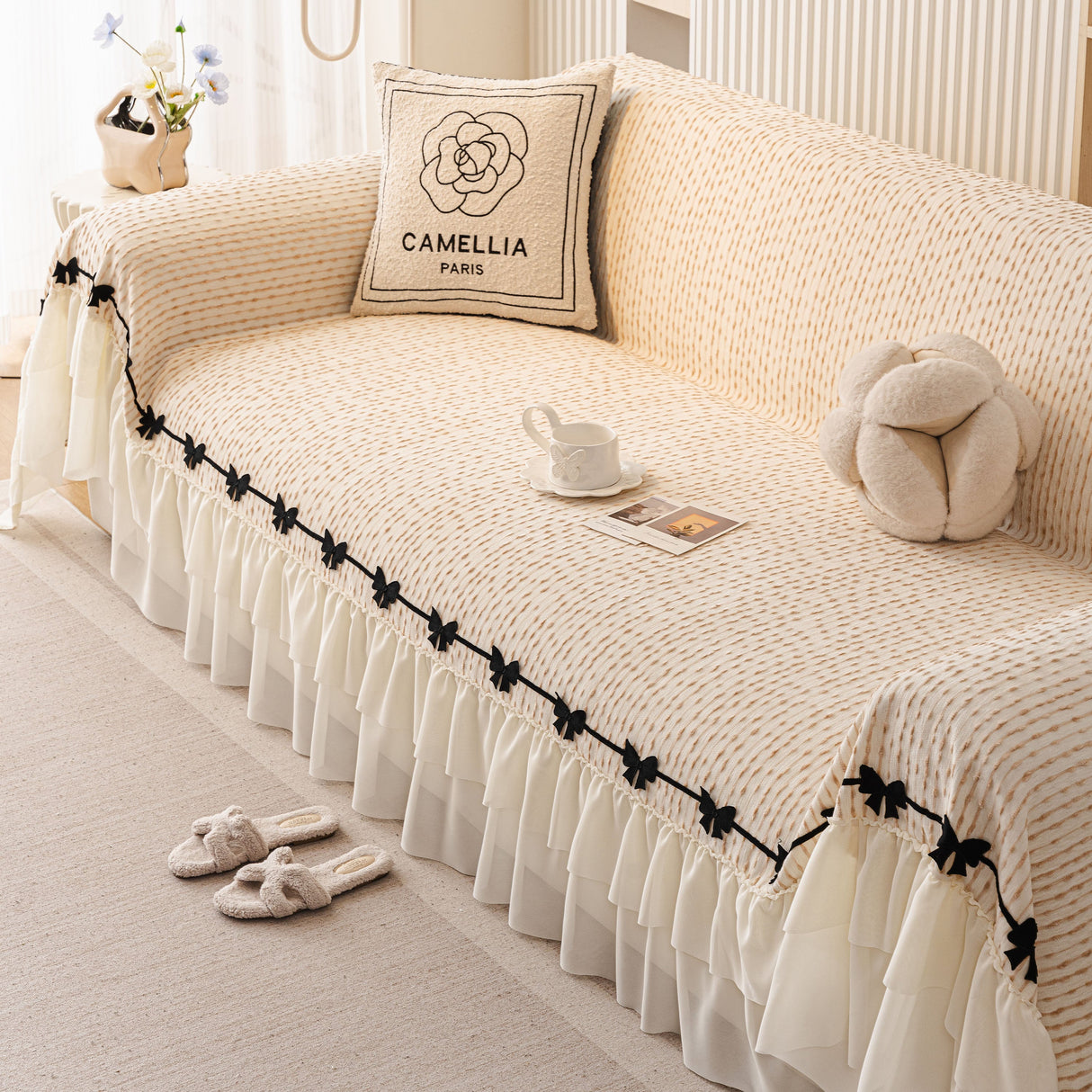 Ruffled Sofa Cover with Bowknot Decor, French Country Style Skirted Couch Slipcover