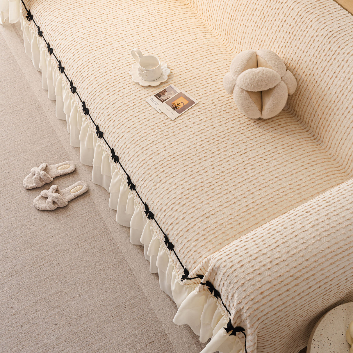 Ruffled Sofa Cover with Bowknot Decor, French Country Style Skirted Couch Slipcover