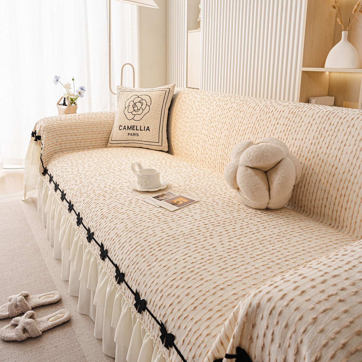Ruffled Sofa Cover with Bowknot Decor, French Country Style Skirted Couch Slipcover