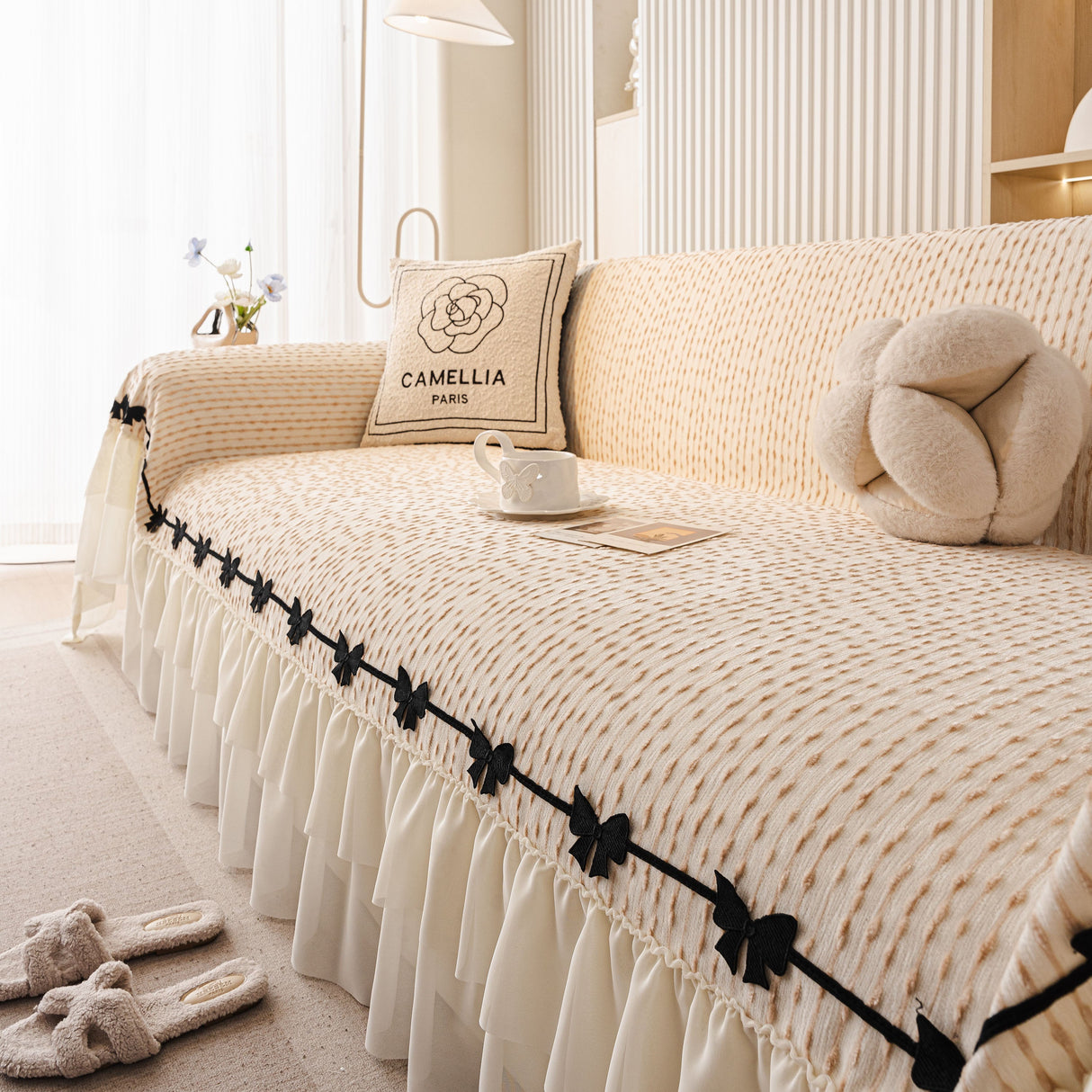 Ruffled Sofa Cover with Bowknot Decor, French Country Style Skirted Couch Slipcover