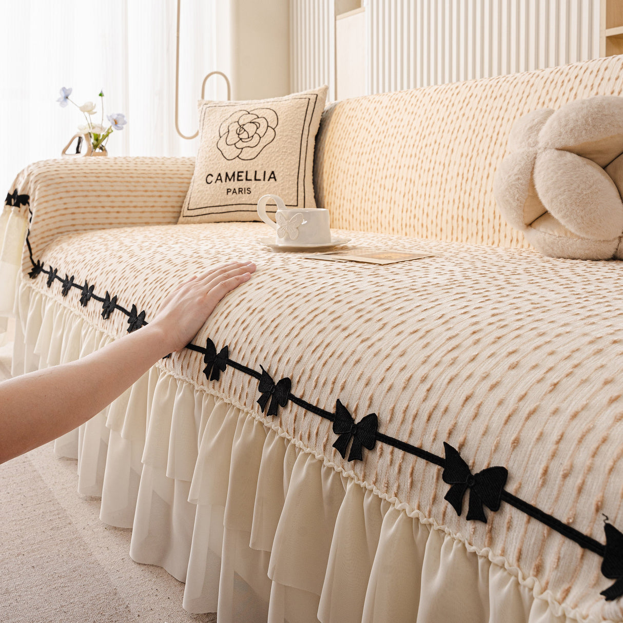 Ruffled Sofa Cover with Bowknot Decor, French Country Style Skirted Couch Slipcover