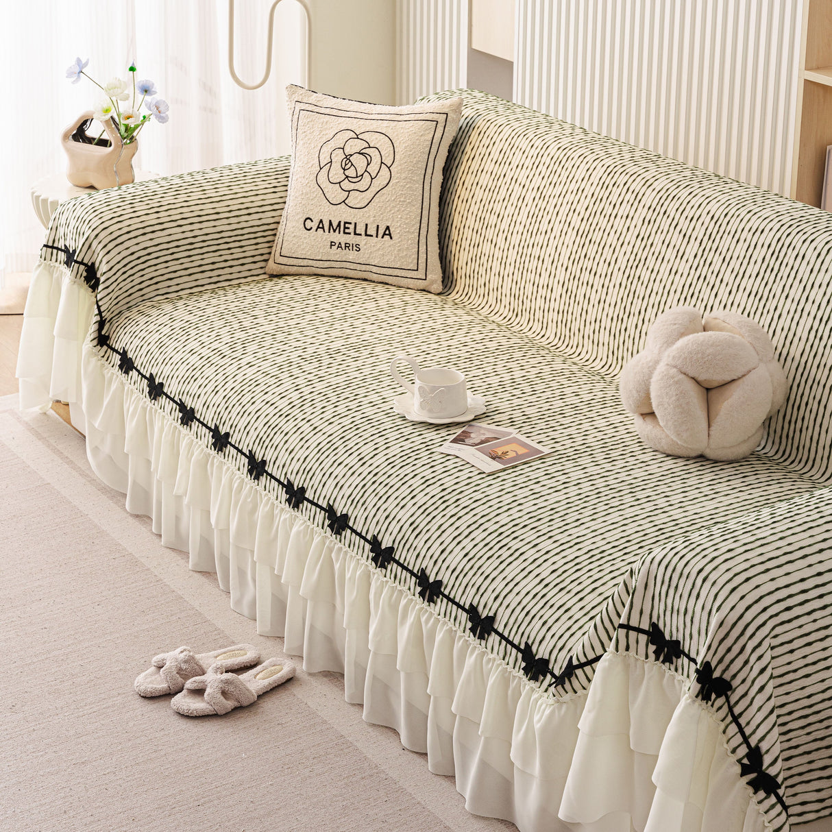 Ruffled Sofa Cover with Bowknot Decor, French Country Style Skirted Couch Slipcover