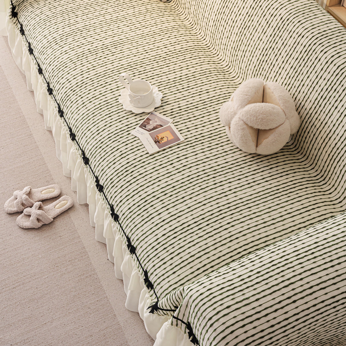 Ruffled Sofa Cover with Bowknot Decor, French Country Style Skirted Couch Slipcover