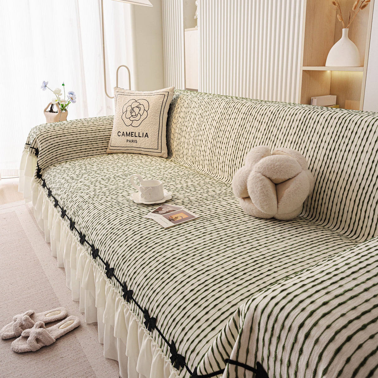 Ruffled Sofa Cover with Bowknot Decor, French Country Style Skirted Couch Slipcover