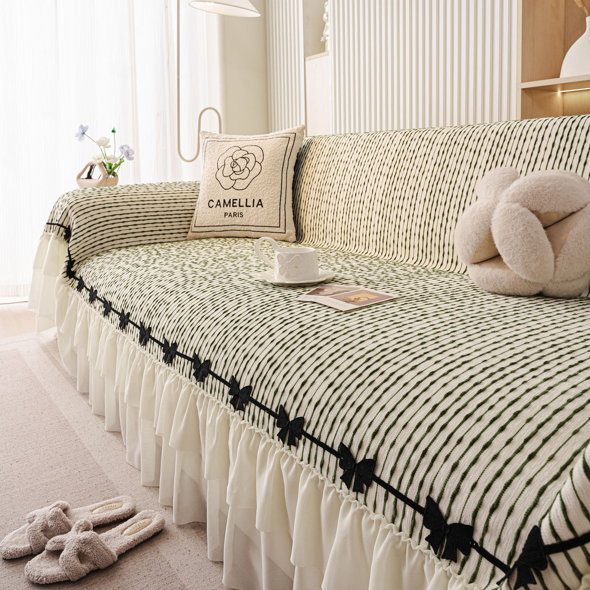 Ruffled Sofa Cover with Bowknot Decor, French Country Style Skirted Couch Slipcover