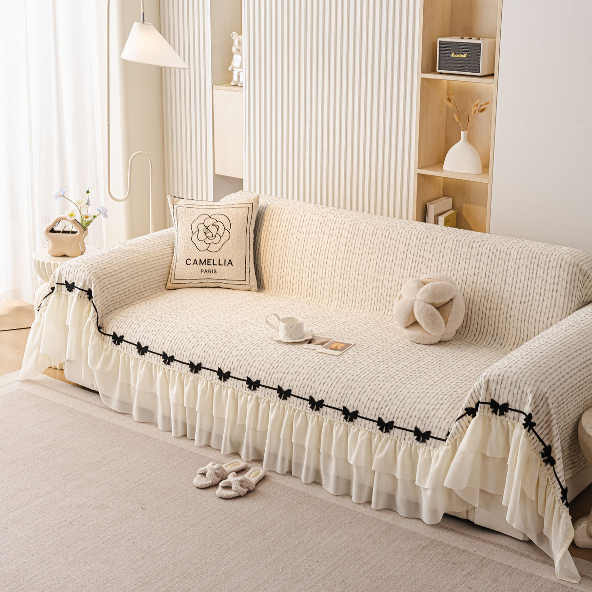 Ruffled Sofa Cover with Bowknot Decor, French Country Style Skirted Couch Slipcover