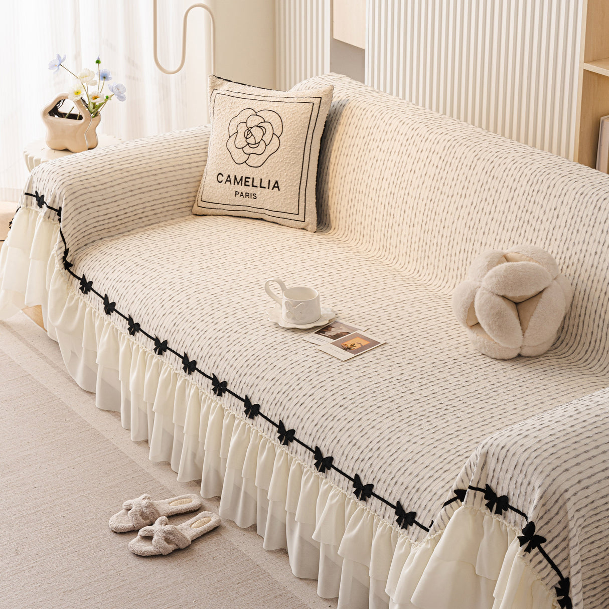 Ruffled Sofa Cover with Bowknot Decor, French Country Style Skirted Couch Slipcover