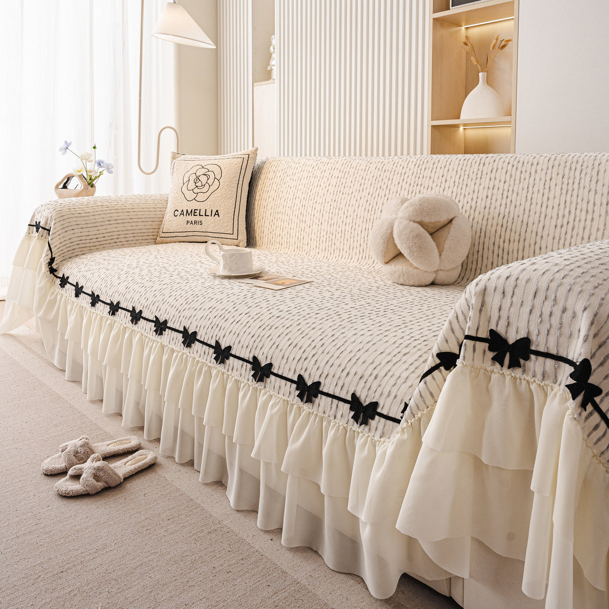 Ruffled Sofa Cover with Bowknot Decor, French Country Style Skirted Couch Slipcover