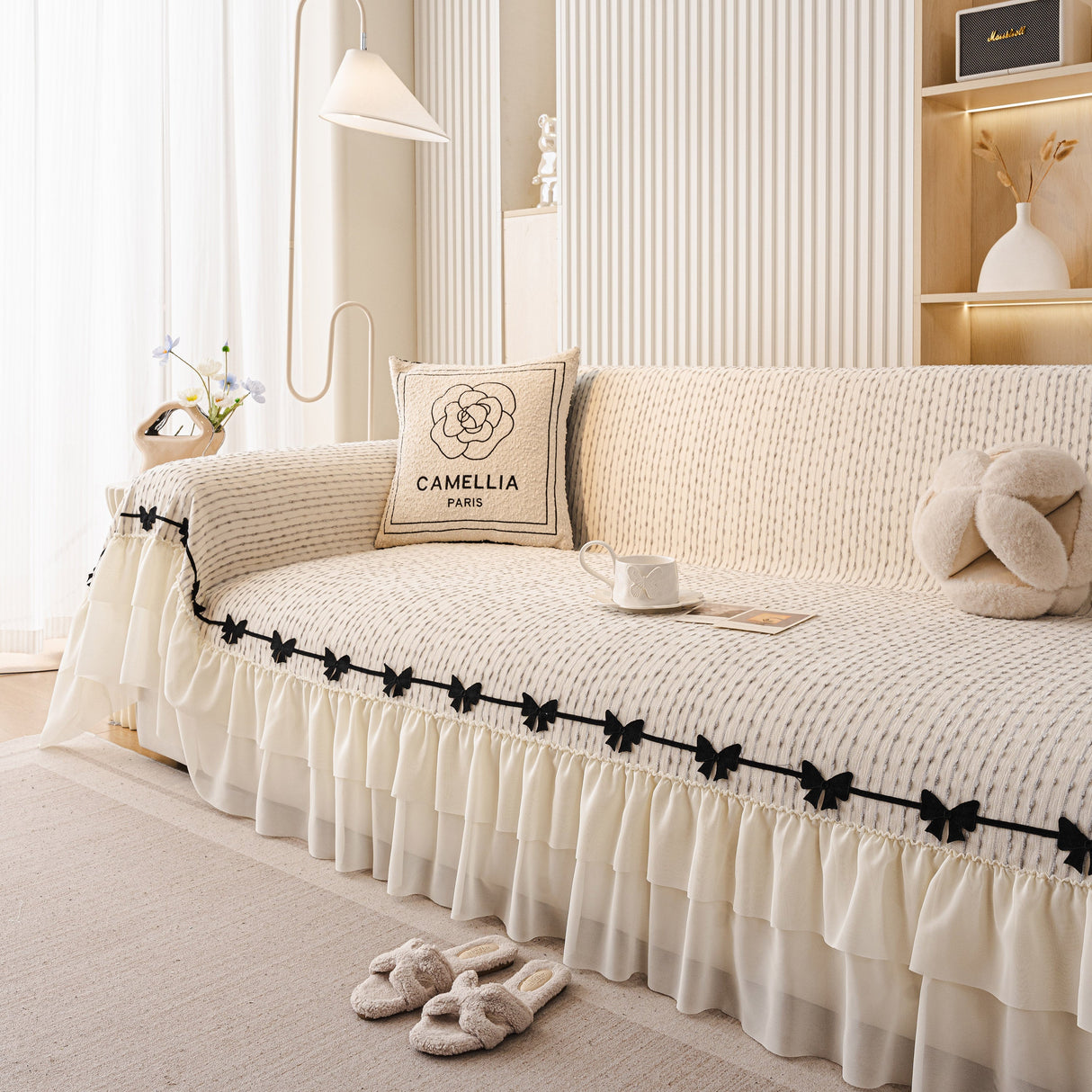 Ruffled Sofa Cover with Bowknot Decor, French Country Style Skirted Couch Slipcover
