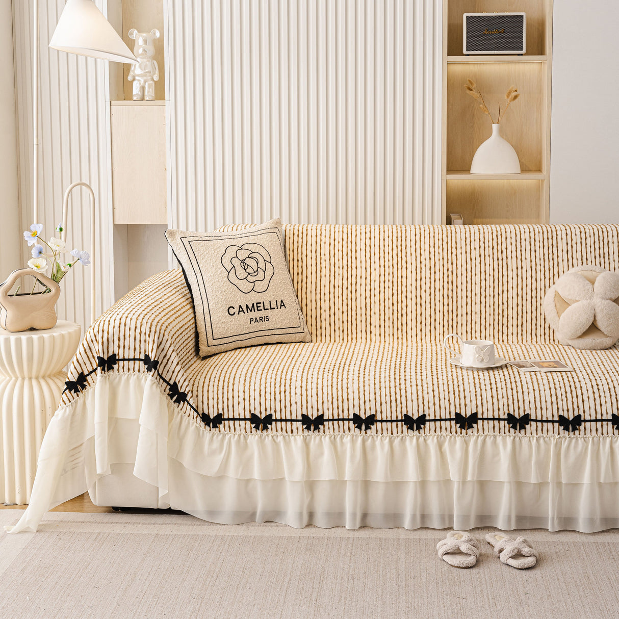 Ruffled Sofa Cover with Bowknot Decor, French Country Style Skirted Couch Slipcover