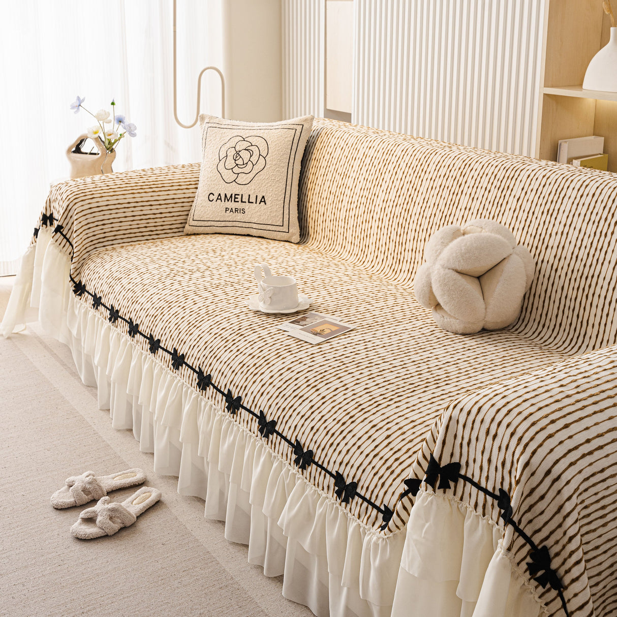 Ruffled Sofa Cover with Bowknot Decor, French Country Style Skirted Couch Slipcover