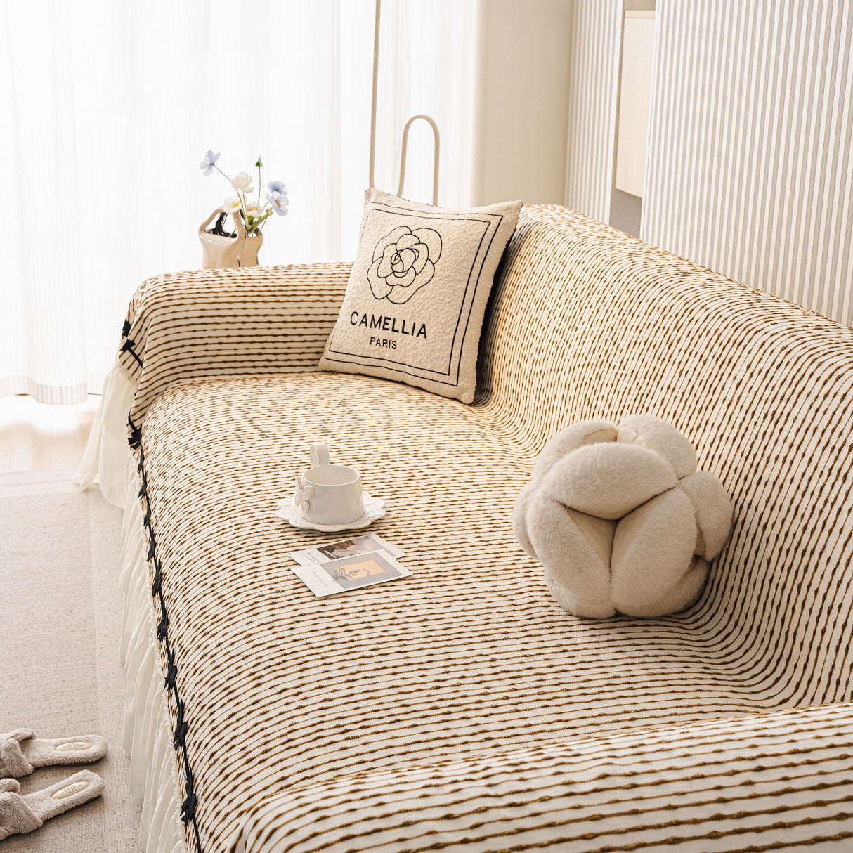 Ruffled Sofa Cover with Bowknot Decor, French Country Style Skirted Couch Slipcover