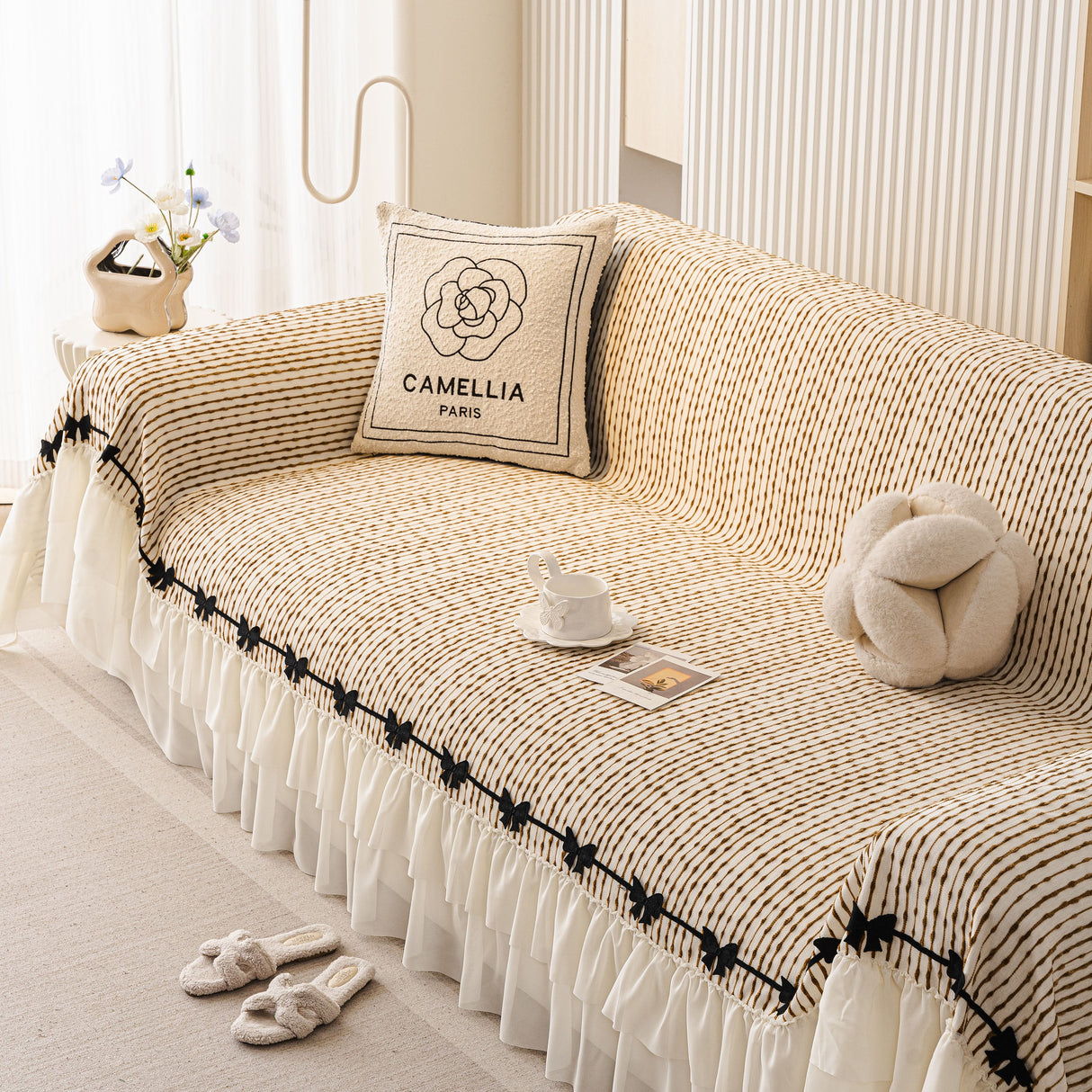 Ruffled Sofa Cover with Bowknot Decor, French Country Style Skirted Couch Slipcover