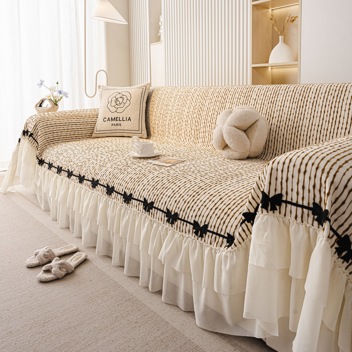 Ruffled Sofa Cover with Bowknot Decor, French Country Style Skirted Couch Slipcover